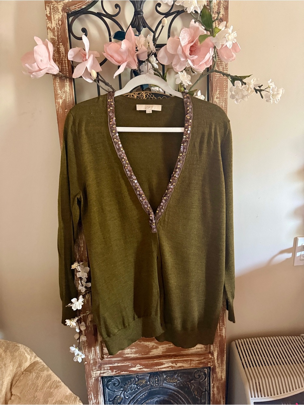 LOFT Olive Green Beaded Trim V-Neck Cardigan